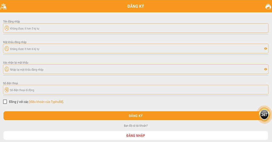 Thông tin người chơi cần cung cấp để mở tài khoản tại nhà cái Typhu88