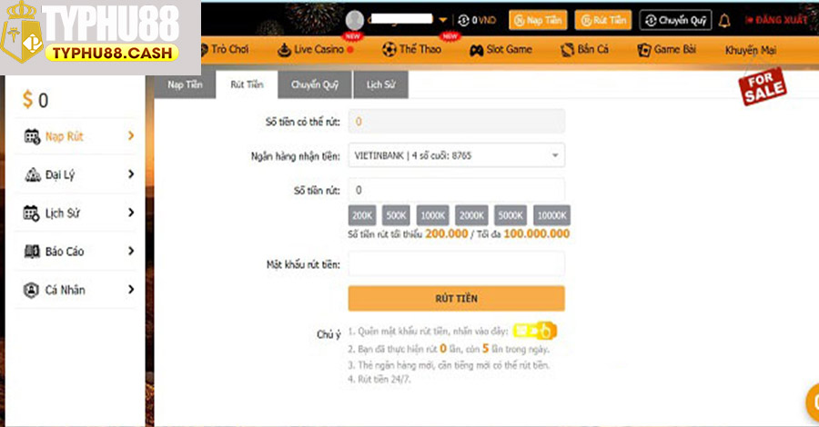 Hướng dẫn chi tiết thao tác rút tiền tại nhà cái Typhu88